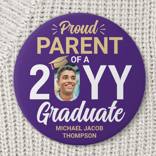 Graduate Photo Proud Parent Modern Purple & Gold Button