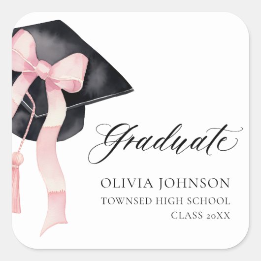 Graduate Pink Bow Coquette Graduation Cap Quadratischer Aufkleber (Vorderseite)