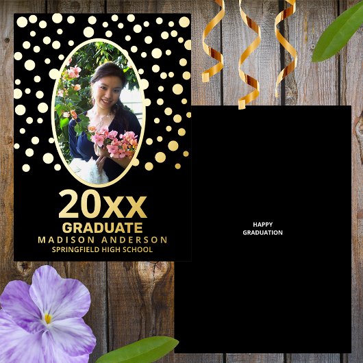 Graduate Polka Dot Oval Foto Schwarz und Gold Folieneinladung