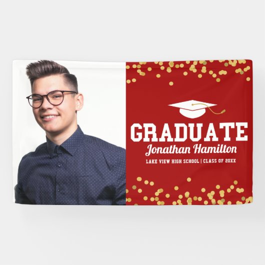 Graduate Red Gold Graduation Party Foto Banner (Horizontal)