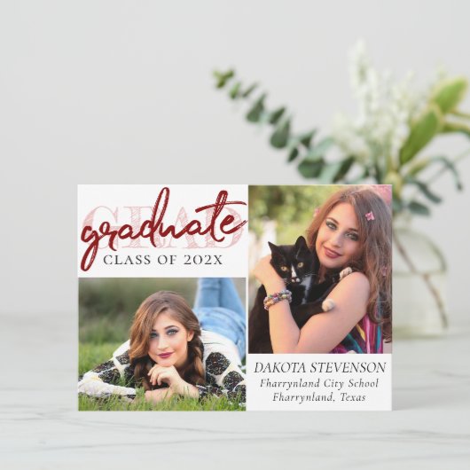 Graduate Red Script | Crimson 2 Foto Keepake Einladung (Stehend Vorderseite)