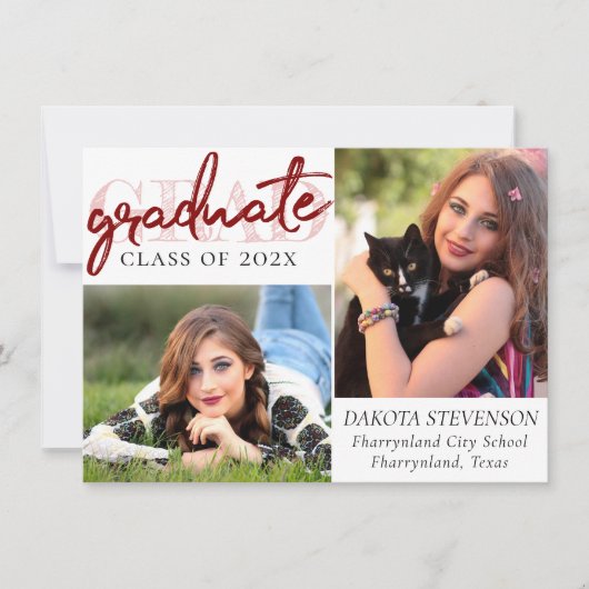 Graduate Red Script | Crimson 2 Foto Keepake Einladung (Vorderseite)