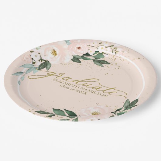 Graduate Rosa Blush Bloral Graduation Party Pappteller (Schrägansicht)