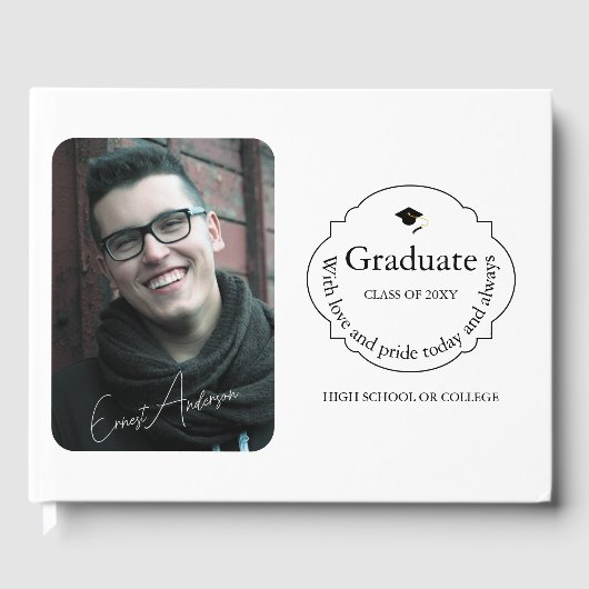 Graduate Schwarz-Weiß-Foto Eleganter Abschluss Gästebuch (Vorderseite)