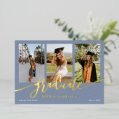 Graduate Script 3 Fotos Dusty Blue Abschluss Folieneinladung (Stehend vorne)