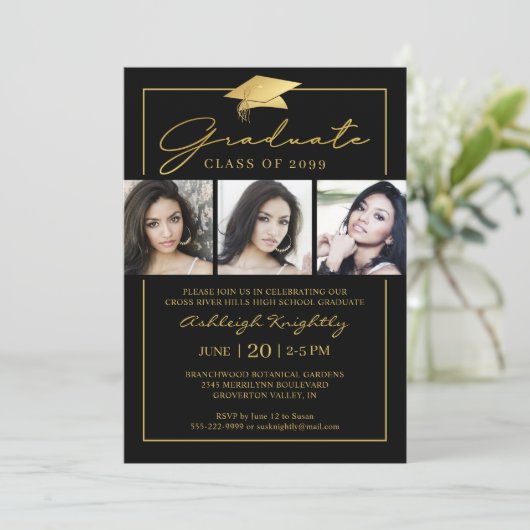 Graduate Script 3 Fotos Schwarzes Gold Einladung (Stehend Vorderseite)