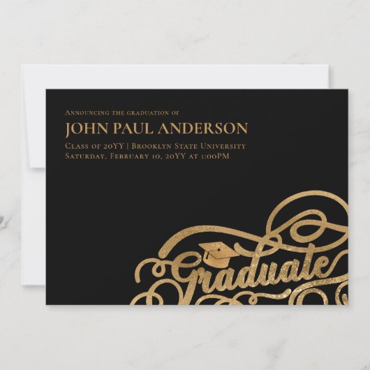 Graduate Script Abschluss Grad Cap Black Gold Ankündigung (Vorderseite)