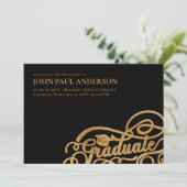 Graduate Script Abschluss Grad Cap Black Gold Ankündigung (Stehend Vorderseite)