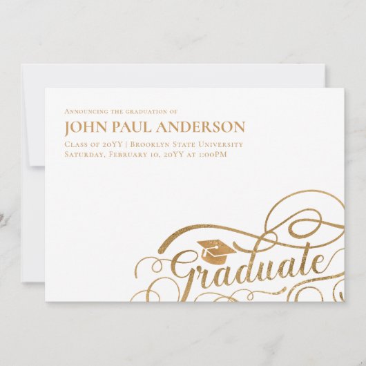 Graduate Script Abschluss Grad Cap White Gold Ankündigung (Vorderseite)