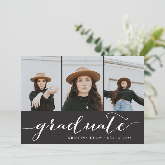 Graduate Script Black Foto Collage | Abschluss Einladung (Stehend Vorderseite)