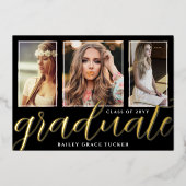 Graduate Script für Gold Foil 3-Foto-Abschluss Folieneinladung (Vorderseite)