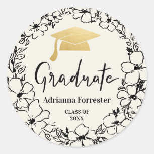 Graduate Script   Grad Hat Gold Floral Wreath Runder Aufkleber