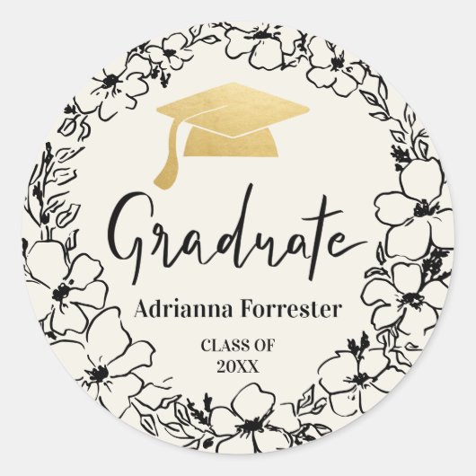 Graduate Script | Grad Hat Gold Floral Wreath Runder Aufkleber (Vorderseite)