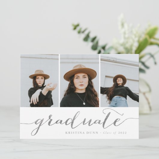 Graduate Script Silver Foto Collage | Abschluss Einladung (Stehend Vorderseite)