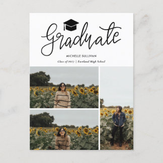 Graduate Script | Three Grad Photo Collage Ankündigungspostkarte