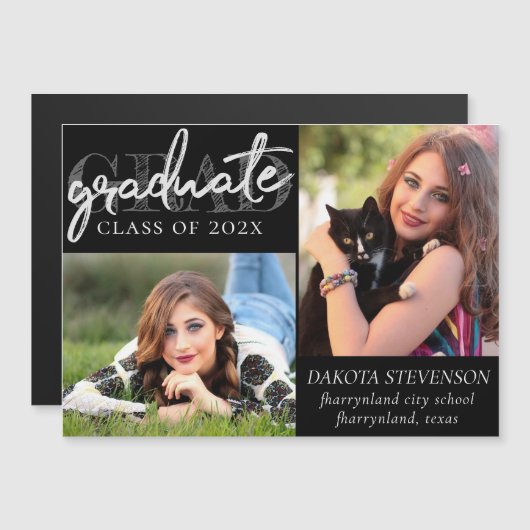Graduate Silver Script | Brush 2 Foto Keepake Magneteinladung (Vorne/Hinten)
