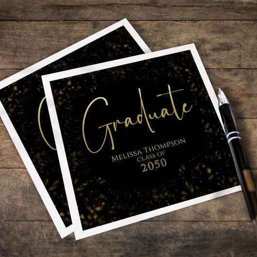 Graduate Simple Grad Black Gold Calligrafy Script Serviette