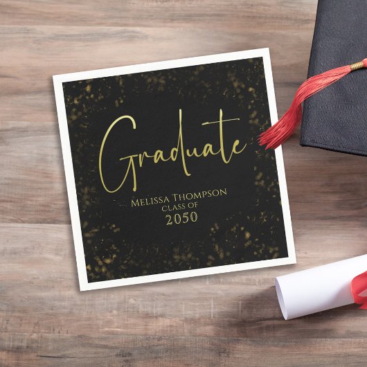 Graduate Simple Grad Black Gold Calligrafy Script Serviette