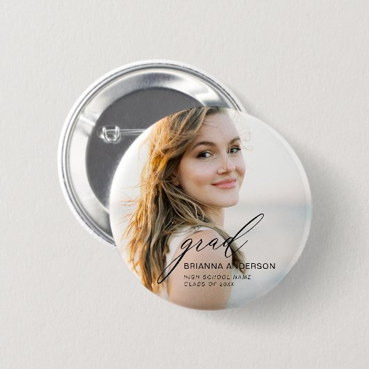 Graduate Simple Modern Script Minimalistisch Foto Button (Vorne & Hinten)