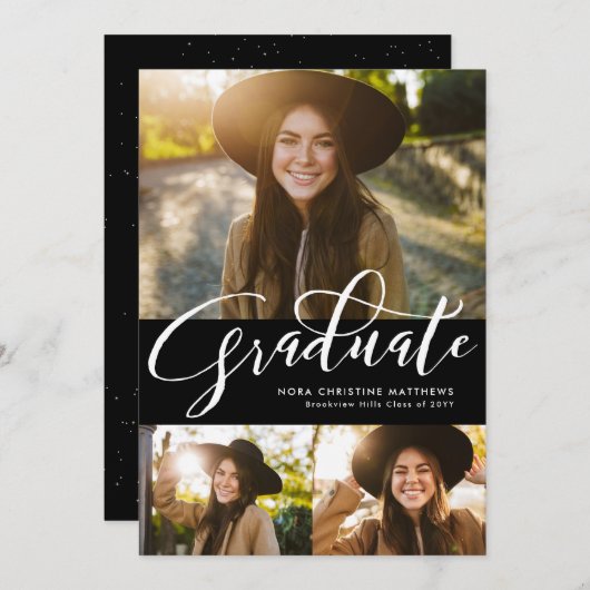 Graduate-Skript drei Foto schwarzer Abschluss Einladung (Vorne/Hinten)