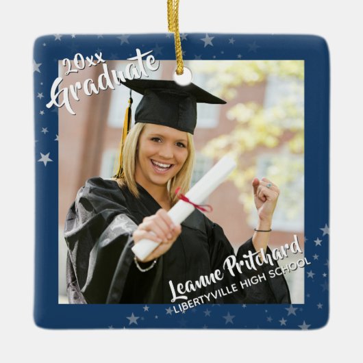 Graduate Stars Editable Blue Two-Foto Keramikornament (Vorderseite)