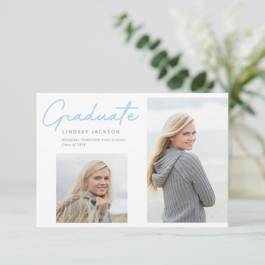 Graduate Stylish Blue Smooth Script 2-Foto Ankündigung (Stehend Vorderseite)