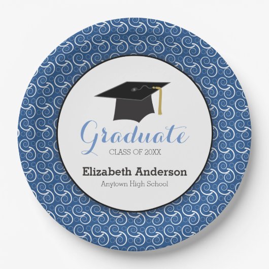 Graduate Swirl Pattern auf Blue Graduation Party Pappteller (Vorderseite)