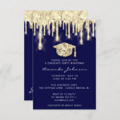 Graduate Tropfens Gold Cap 3D Glam Blue Navy Invit Einladung (Vorne/Hinten)