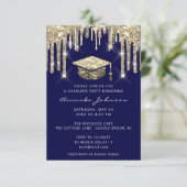 Graduate Tropfens Gold Cap 3D Glam Blue Navy Invit Einladung (Stehend Vorderseite)