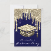 Graduate Tropfens Gold Cap 3D Glam Blue Navy Invit Einladung (Rückseite)