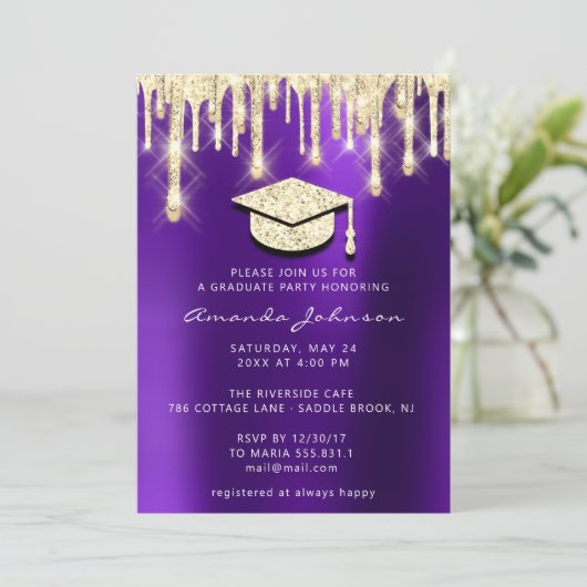 Graduate Tropfens Gold Cap Glitzer Glam Lila 3D Einladung (Stehend Vorderseite)