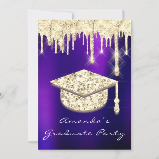 Graduate Tropfens Gold Cap Glitzer Glam Lila 3D Einladung (Rückseite)