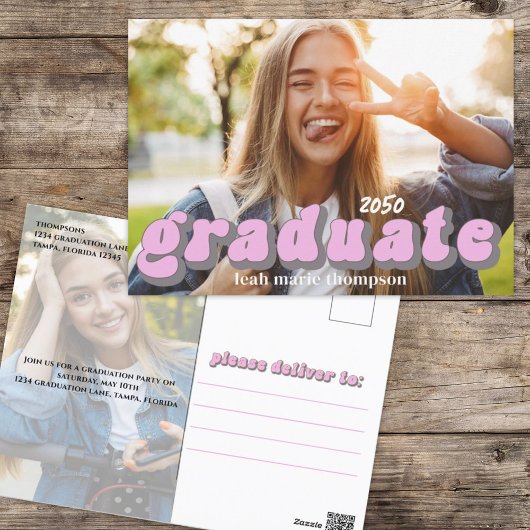 Graduate Typografy Simple Pink Retro Zwei Foto Postkarte