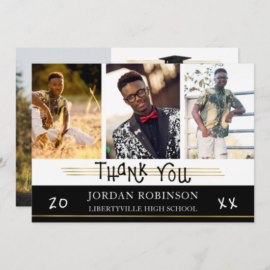 Graduate Vielen Dank | Goldlinien | Editierbare Fa Einladung (Vorne/Hinten)