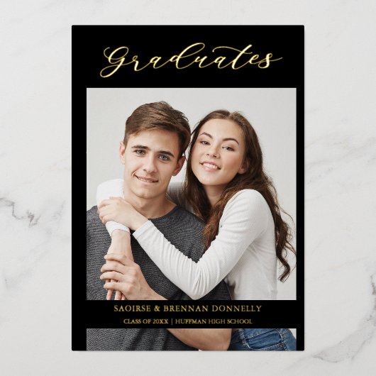 Graduates Golden Black Whimsical Calligraphy Photo Folieneinladung (Vorderseite)