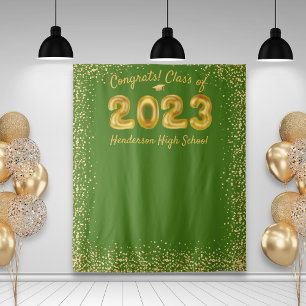 Graduation 2023 Gold Balloons Green Photo Backdrop Wandteppich