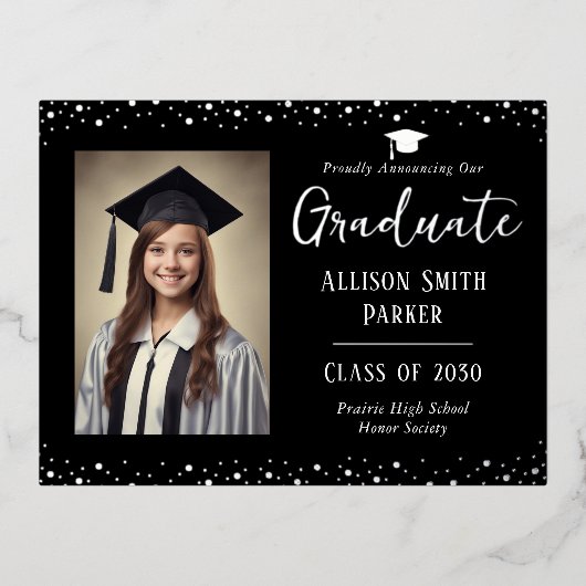 Graduation Announcement Black and Silver Photo Folien Feiertagspostkarte (Vorderseite)