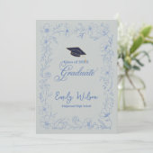Graduation Announcement | Blue Floral Photo Design Einladung (Stehend Vorderseite)