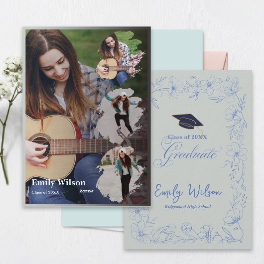 Graduation Announcement | Blue Floral Photo Design Einladung