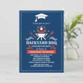Graduation BBQ Backyard Navy Blue Einladung (Stehend Vorderseite)
