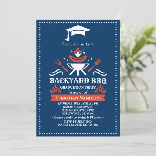 Graduation BBQ Backyard Navy Blue Einladung (Stehend Vorderseite)