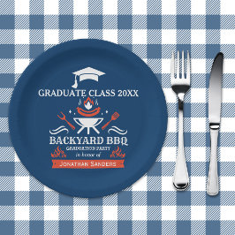 Graduation BBQ Backyard Navy Blue Pappteller