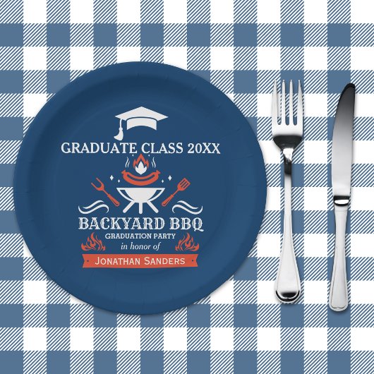 Graduation BBQ Backyard Navy Blue Pappteller