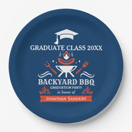 Graduation BBQ Backyard Navy Blue Pappteller (Vorderseite)