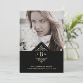 Graduation Black Golden Chic Lace Romantic Photo Einladung (Stehend Vorderseite)