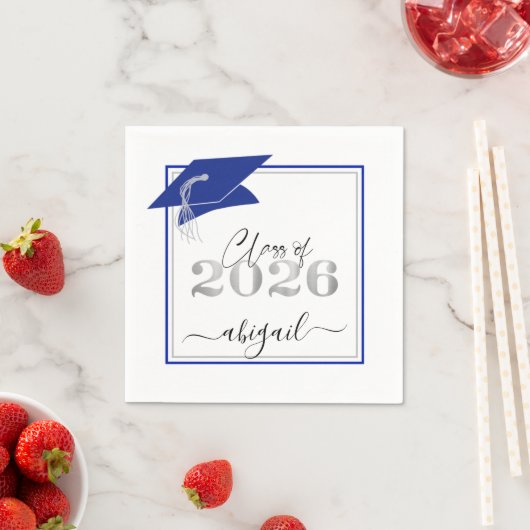 Graduation Cap 2025 Royal Blue Silver Script Serviette (Beispiel)