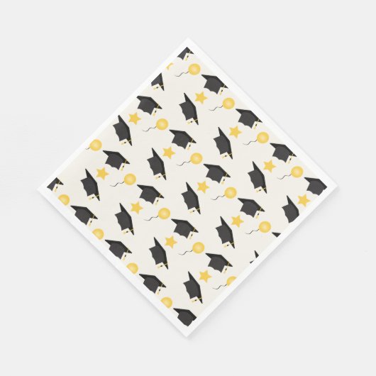 Graduation Cap Balloons Stars Muster Gelb Schwarz Serviette (Ecke)