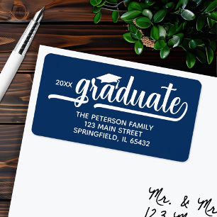 Graduation Cap Chic Script Blue Rücksendeadresse Adressaufkleber