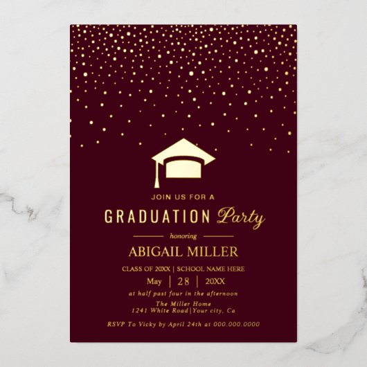 Graduation cap confetti Class Of 2025 burgundy Folieneinladung (Vorderseite)
