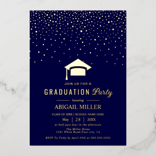Graduation cap confetti Class Of 2025 navy blue Folieneinladung (Vorderseite)